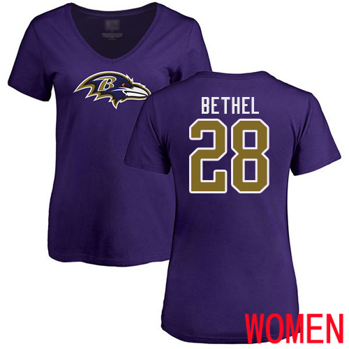 Baltimore Ravens Purple Women Justin Bethel Name and Number Logo NFL Football #28 T Shirt
